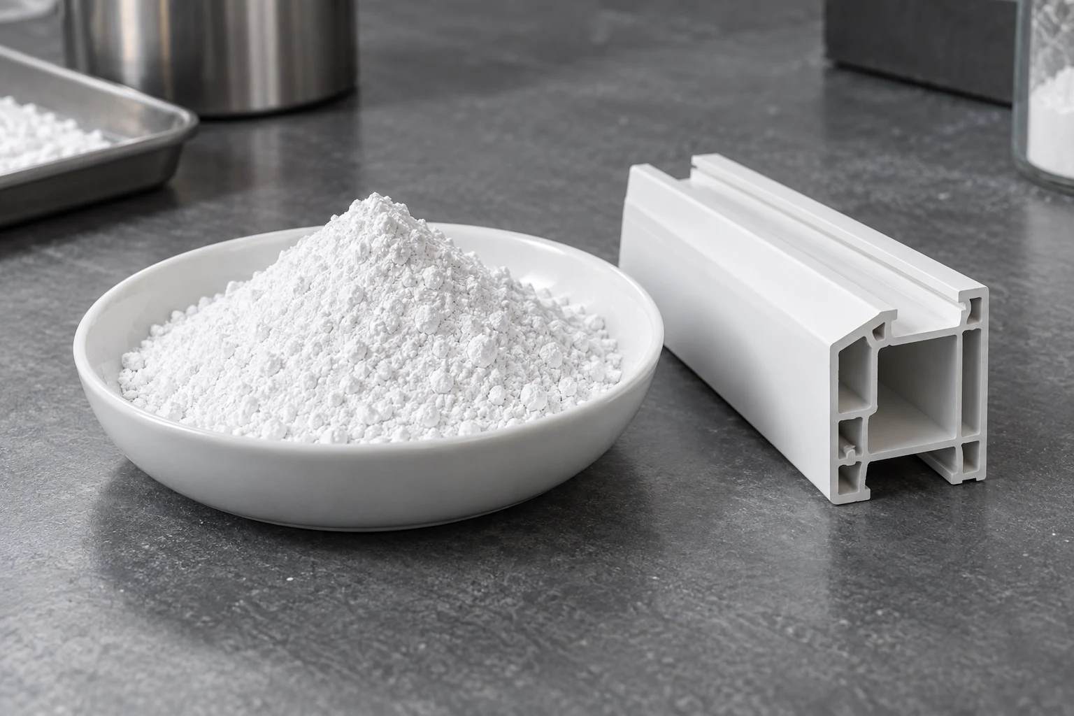 White mineral powder in a sample dish beside a PVC profile