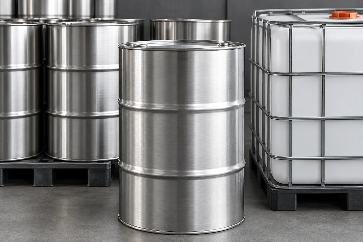 Sealed stainless steel drums and an industrial container
